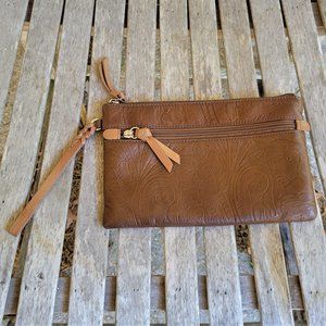 MARGOT Brown Tooled Leather Wristlet Bag